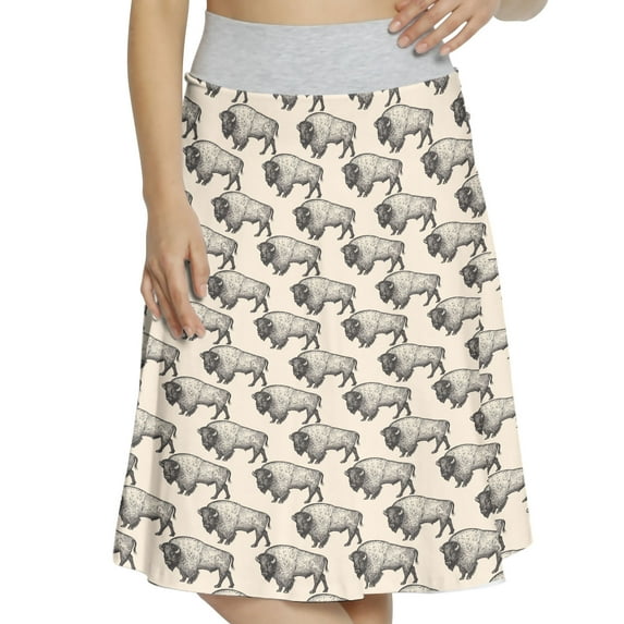 Women's Bison Buffalos in Vintage Style A-line Printed Skirt Casual Wear, S, Champagne and Charcoal Grey, by Ambesonne