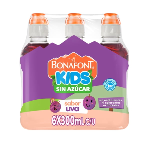 Agua Bonafont Kids sabor uva sin azúcar 6 pack 300 ml c/u