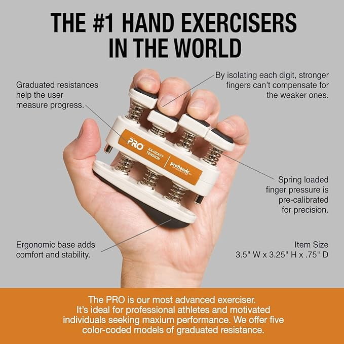PROHANDS PRO Hand Exerciser, Finger Exerciser (Hand Grip Strengthener), Spring-Loaded, Finger-Piston System, Isolate and Exercise Each Finger, (13 lb XX-Heavy Tension, Orange-Pro)