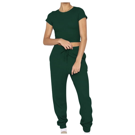 JGGSPWM Women's 2 Piece Outfits Casual Crew Neck Crop Tops Knit Wide Leg Sweatpants Sweater Lounge Set Sweatsuit Green M