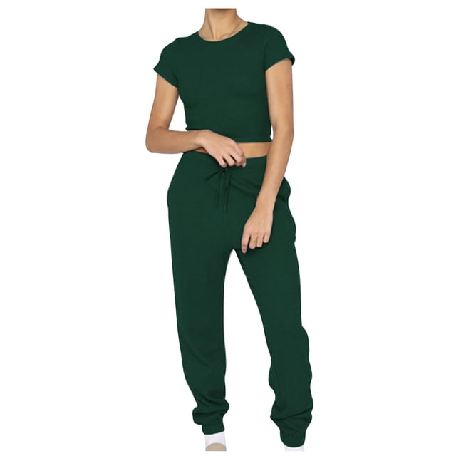 Yuyuzo Ensemble de Survêtement 2 Pcs pour Femmes T-Shirt Court à Manches Courtes Col Rond Pantalon de Jogging Décontracté