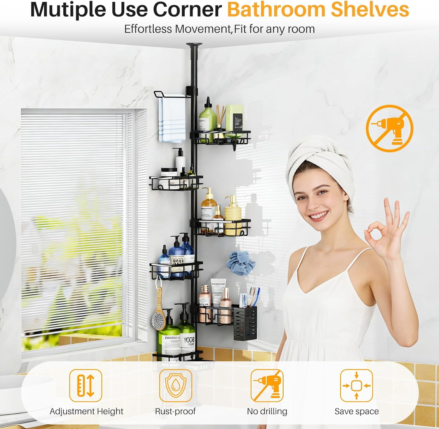 Corner Shower Caddy Organizer Tension Pole, Adjustable 6 Shower Shelves Corner Shelf 30-120Inch Rustproof Shower Rack for Inside Shower, Extra Towel Bar Soap Dish Bathroom Organizers and Storage
