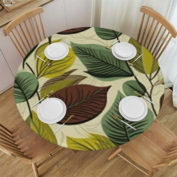 BANET Fitted Round Tablecloth Green Leaves,Floral Leaf Yellow Botanical Foliage Table Cover,Elastic Edged Table Cloth Fits Round Tables 31"-35