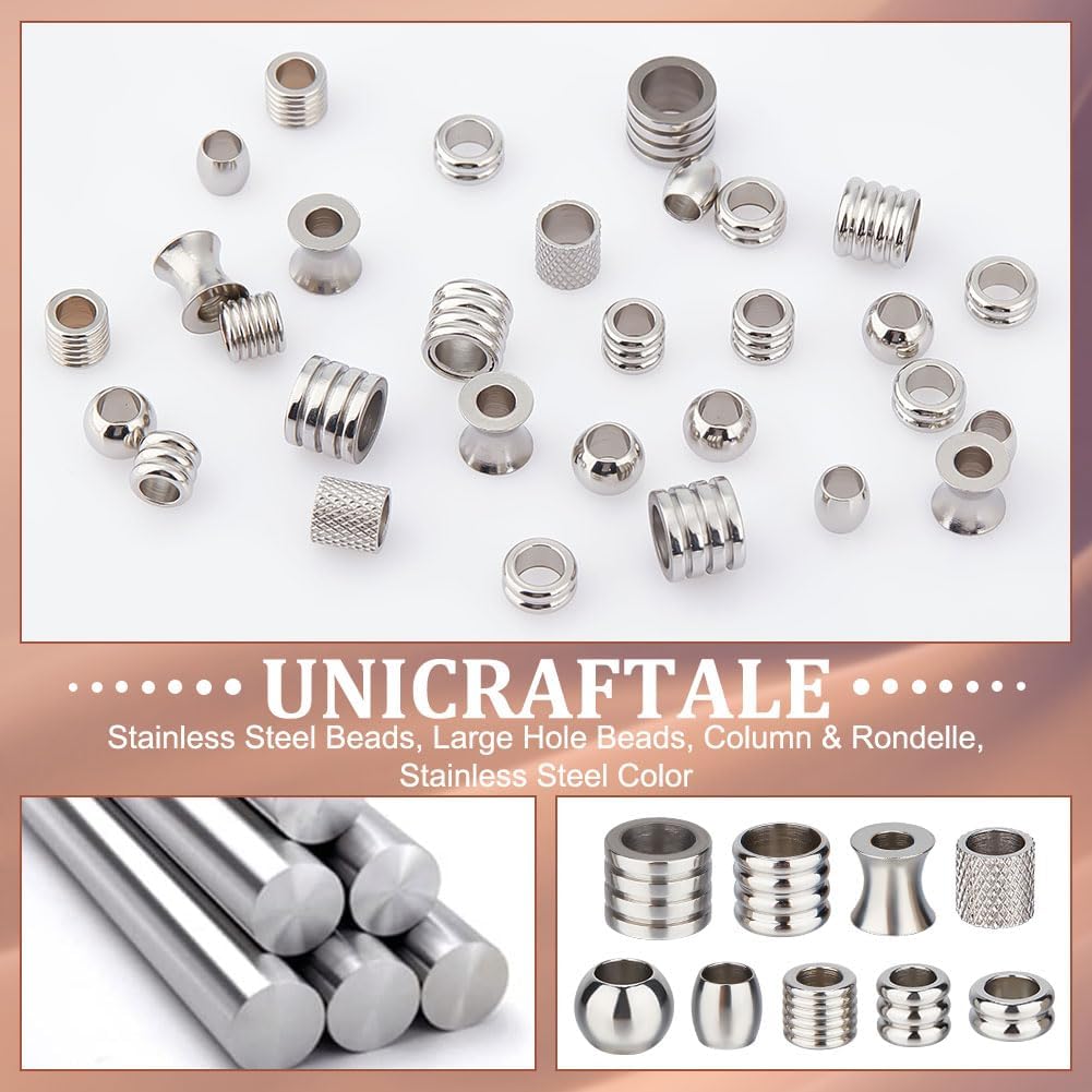 20pcs 304 Stainless Steel Column Spacer Beads – 11mm, Large Hole, Smooth, Loose