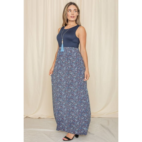 Contrast Navy Lavender Blue Ditsy Floral Sleeveless Maxi Dress_Plus