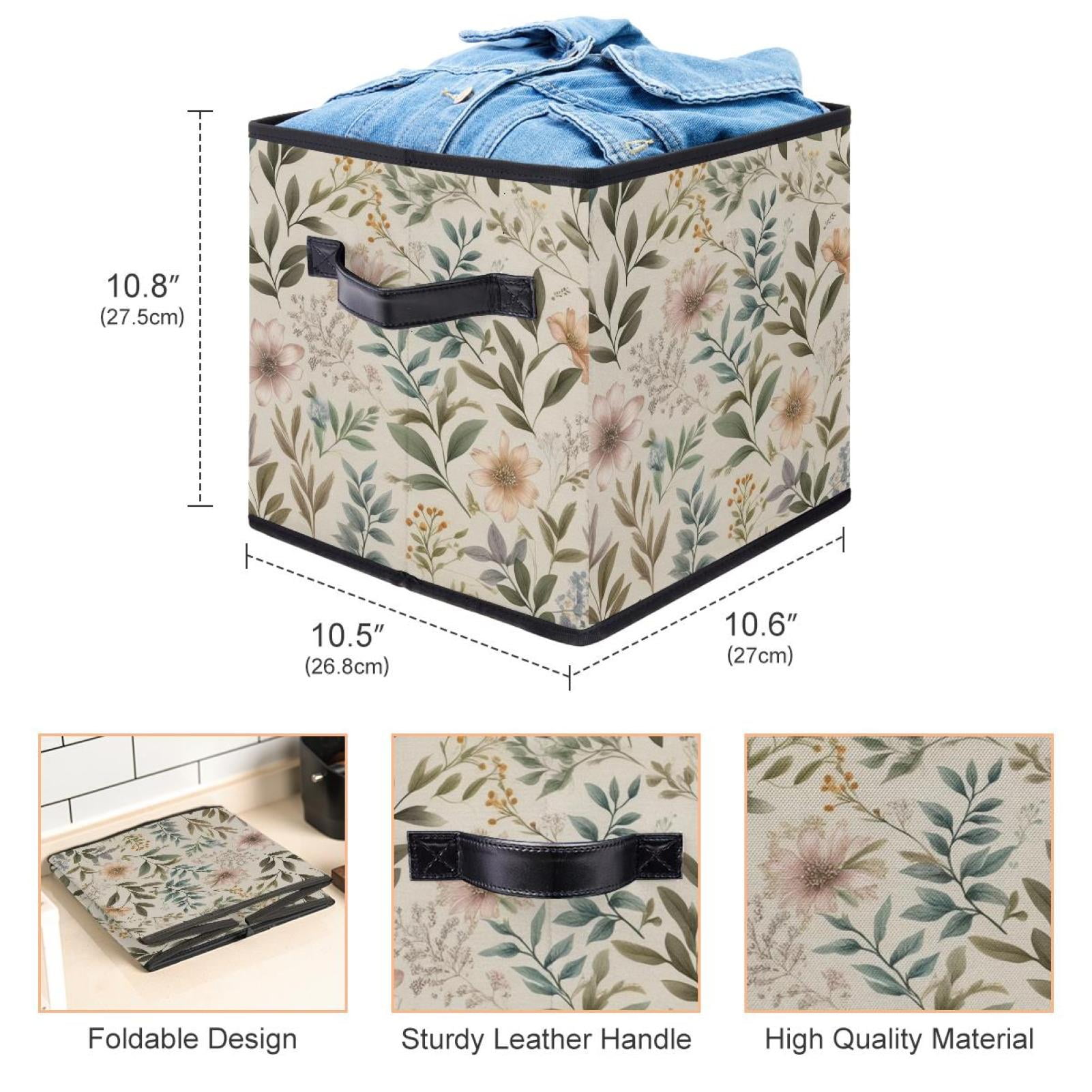 RATGDN Collapsible Fabric Cube Storage Bin with Double Handles for Living Room Bedroom Office Black - Faded Floral Specimens