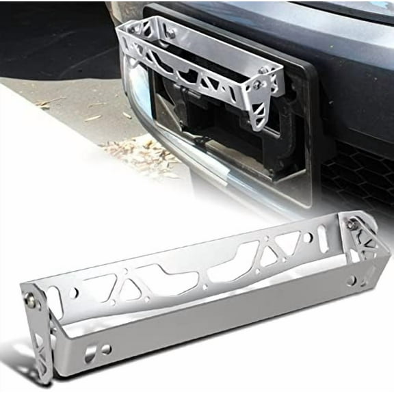 HYPERSPEED  Aluminum Front Bumper Angle Adjustable Tilt License Plate Frame Holder Relocate Mount Bracket Kit JDM 1 Piece 1PC, Car Exterior DIY Modification Accessories (Silver)