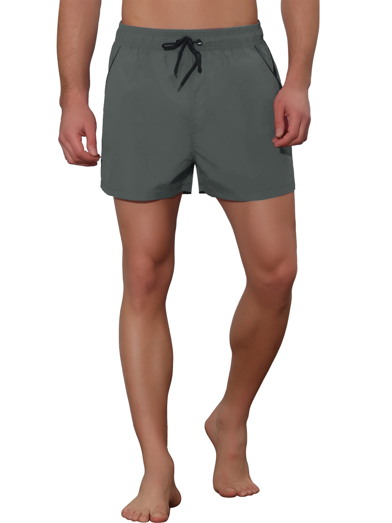 Unique Bargains Men's Vacation Solid Color Drawstring Elastic Waist Swim Short Grey 30
