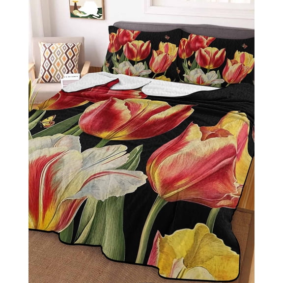 Luxury Tulip Floral King Size Down Alternative Comforter, Lightweight Comforter Quilt Bedding Set with Pillow Shams Farmhouse Vintage Botanical Flowers All Seasons Bed Comforter Duvet Insert 96"x106"