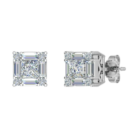 1/2 Carat Prong Set Round, Princess & Baguette Shape Diamond Stud Earrings in 14K White Gold