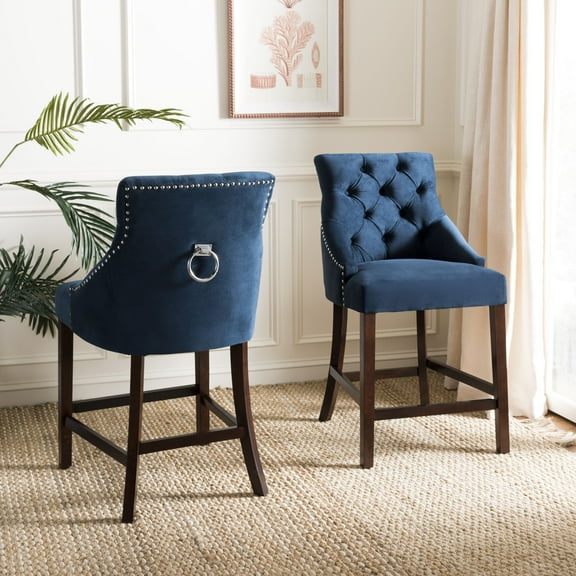 SAFAVIEH Eleni Tufted Wing Back Counter Stool Set of 2 Navy / Espresso