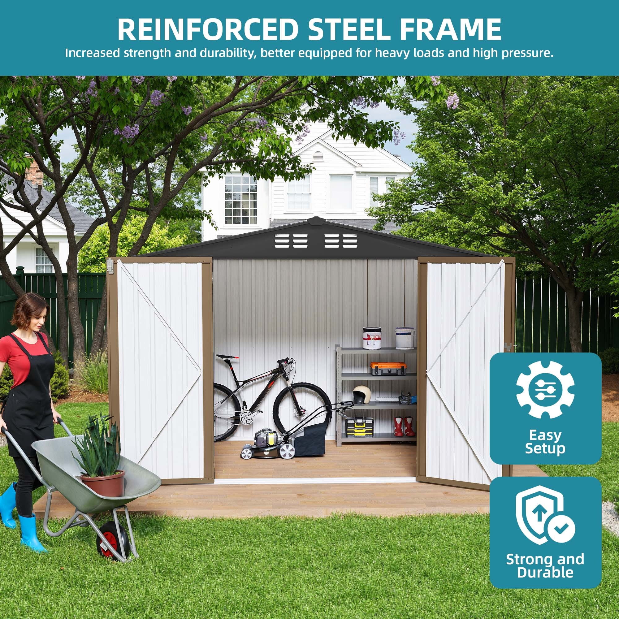 Uforic 7'x5' Metal Storage Shed, Heavy Duty Lockable Weatherproof Shed with Sloped Roof, Easy Assembly for Garden Tools & Bicycles, Brown