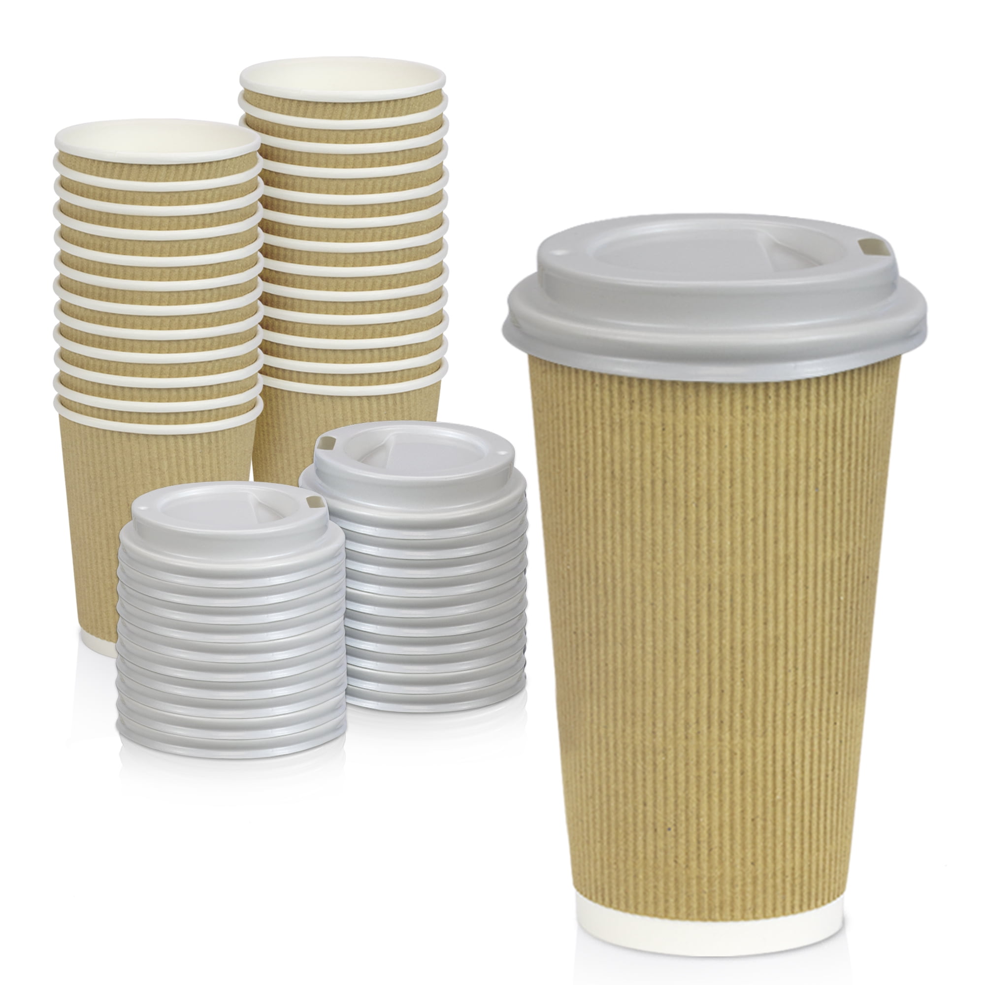 [50 Pack] Disposable Hot Cups with Lids - 16 oz Brown Double Wall Insulated Ripple Sleeves Coffee Cups with White Dome Lid - Kraft Paper Cup for To Go Chocolate, Tea, and Cocoa Drinks