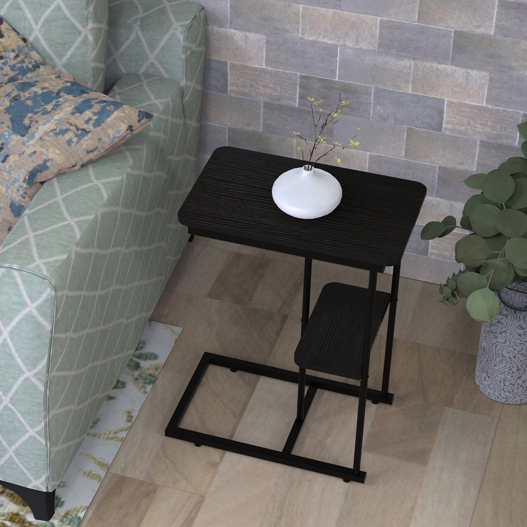 Leumius C-Shape End Table,End Table with Storage Basket,Portablle Sofa Side Table,Black Brown