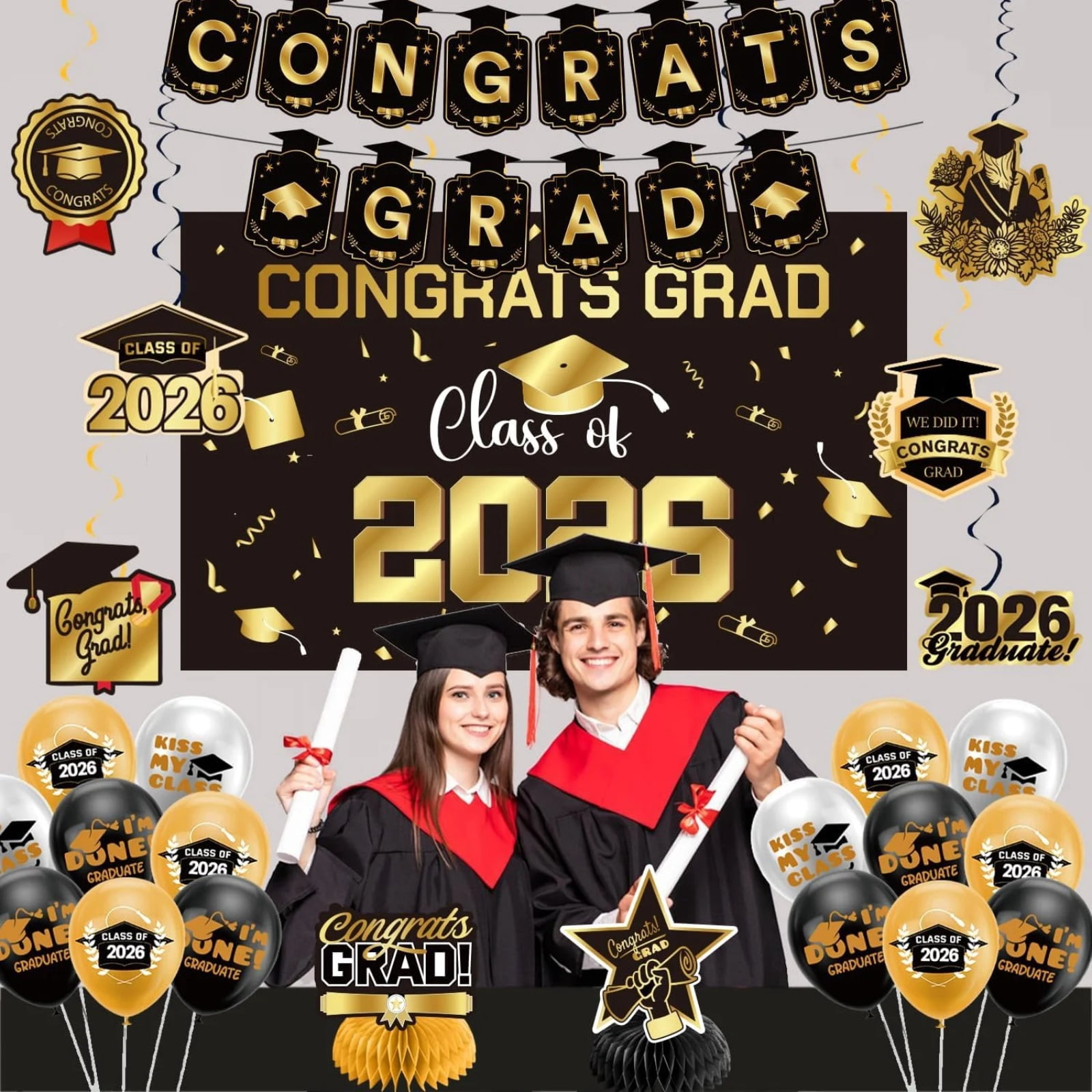 Graduation Party Decorations, 2026 Graduation, Black and Blue Balloons, Congrats Grad Banner, Graduation Cap Decorations, Photo Booth Props, 12 In, 15 Pc, Graduation 2026 Table