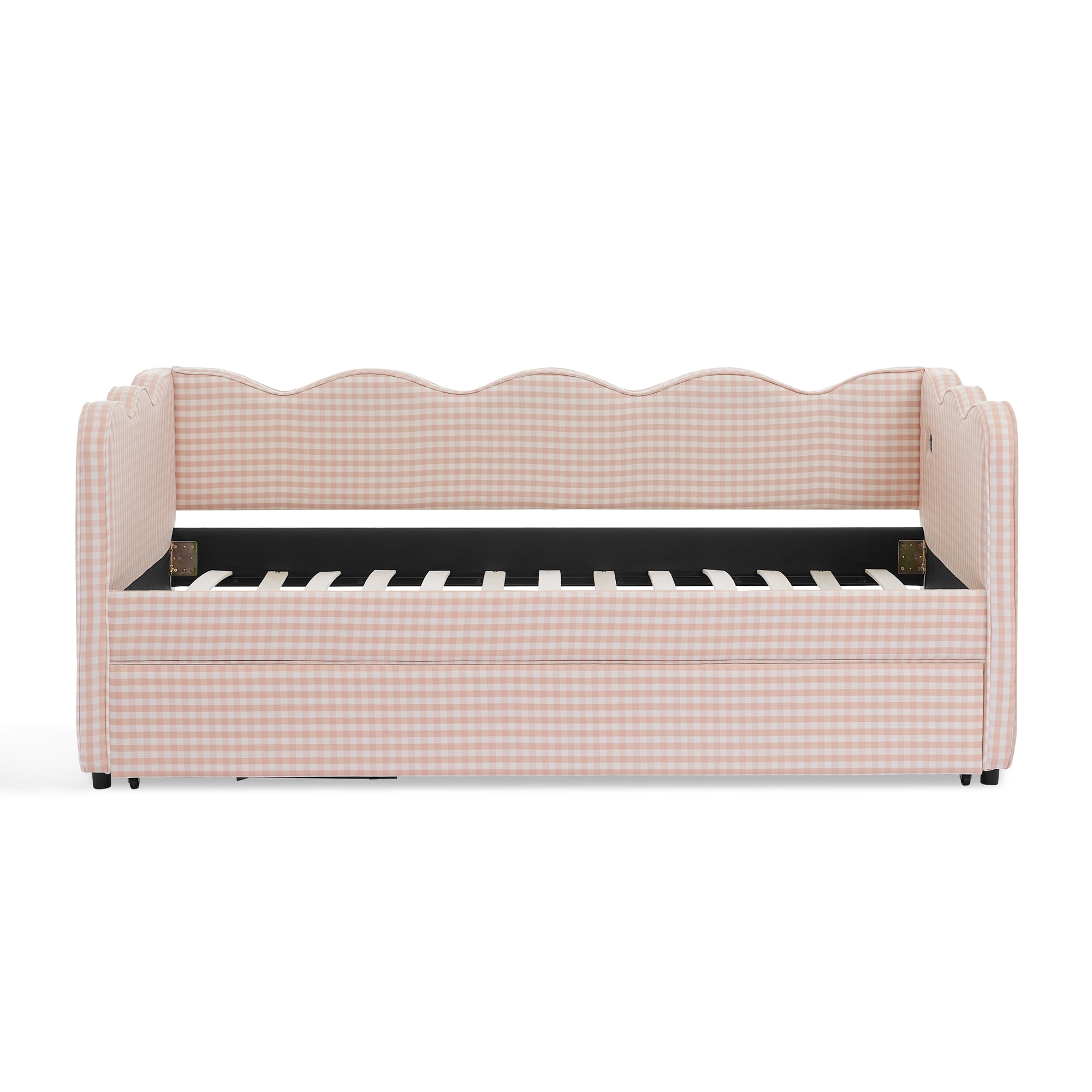GARITIN Twin Size Daybed with Trundle, Gingham Sofa Bed with USB Port and Wavy Shape Headboard for Kids Room, Pink