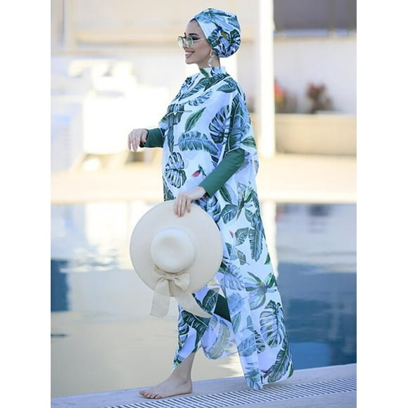 4 Pcs Muslim Swimwear Women Modest Patchwork Hijab Long Sleeves Sport Swimsuit Islamic Burkinis Wear Bathing Suit Maillots Bains