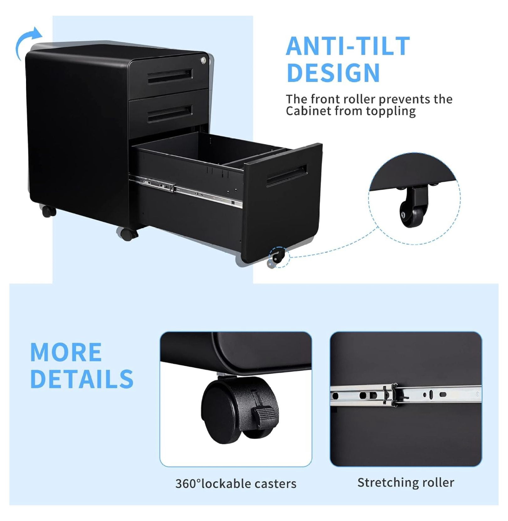 WDZS File Cabinet, 3 Drawer Filing Cabinets for Home Office with Lock Mobile Under Desk Fully Assembled Cabinet (Black)