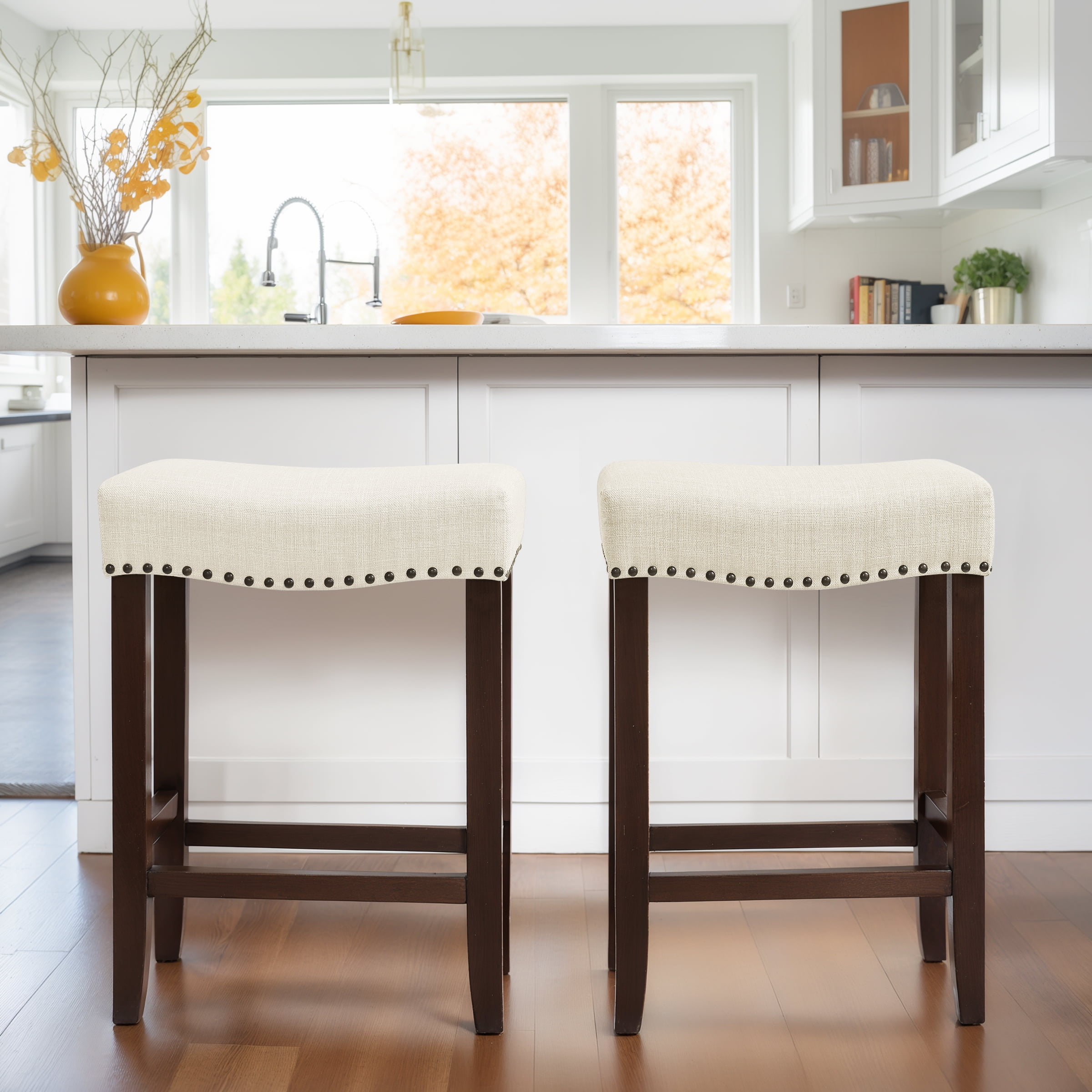 DyFun 29" Bar Stools Backless Modern Counter Stool Chairs Wooden Kitchen Island Stools (Set of 2, Ivory)