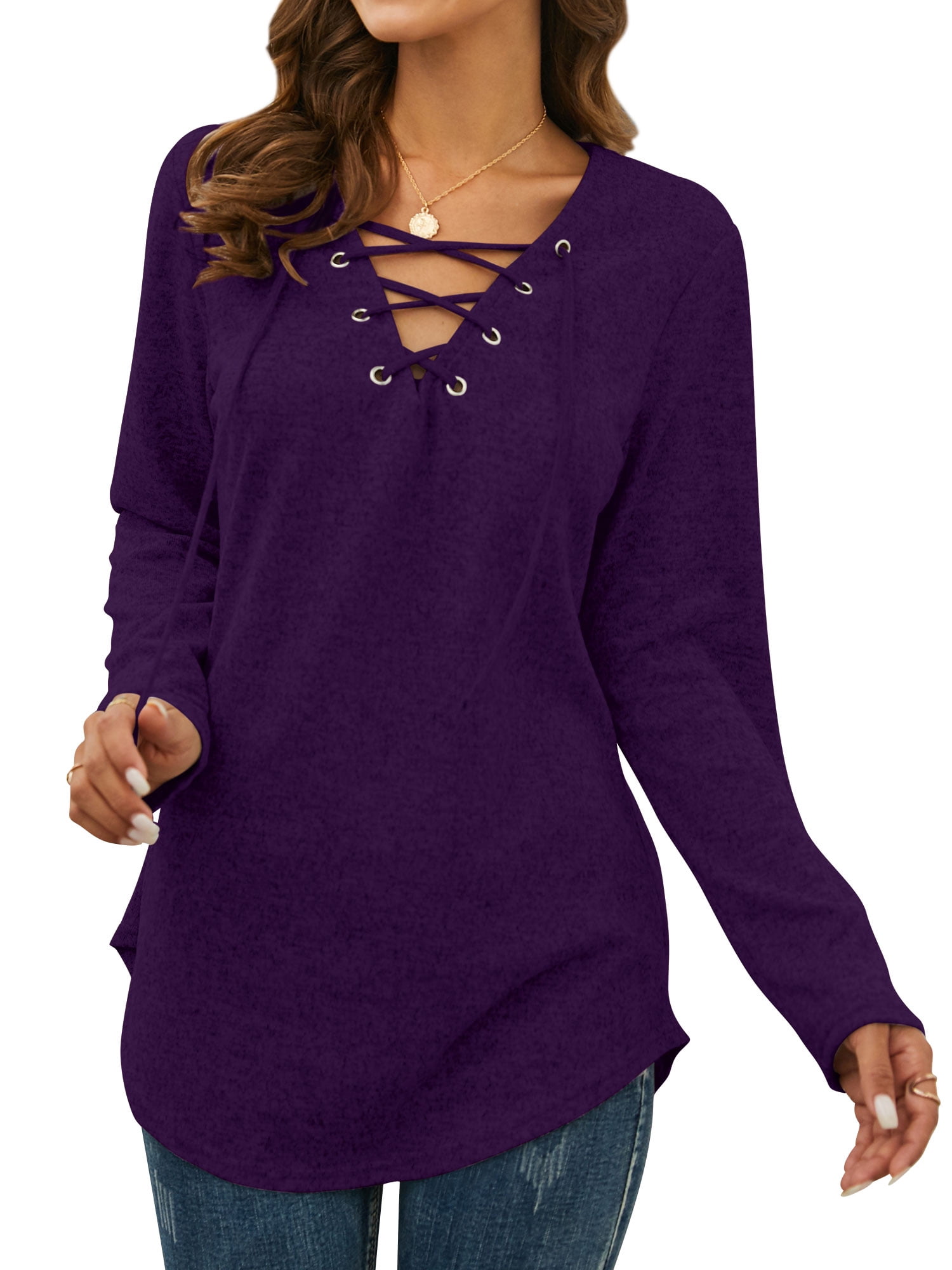 Nlife Women Long Sleeve Top Criss Cross V Neck Solid Blouse Tunic Top Basic Pullover - image 5