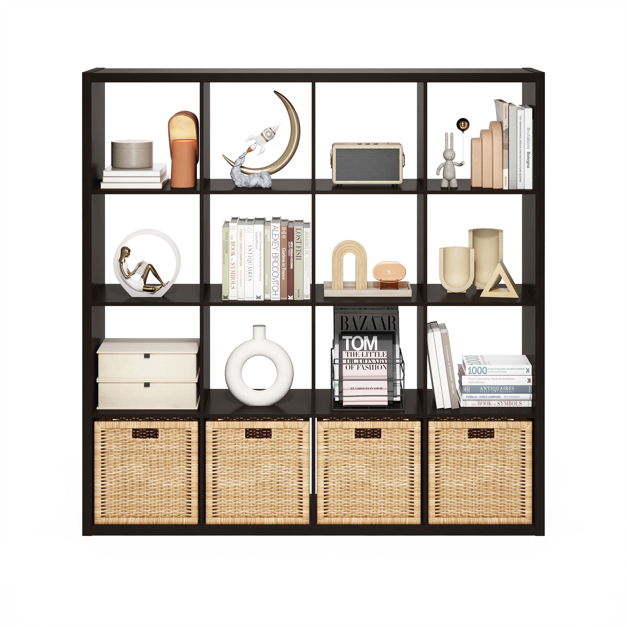 Furinno CUBICLE Book Shelf, 16-Cube Thick Frame Bookshelf, Reversible Bookcase with Open Back, 14.6 x 57.8 x 58, for Living Room, Bedroom, Home Office, Black Dark Oak