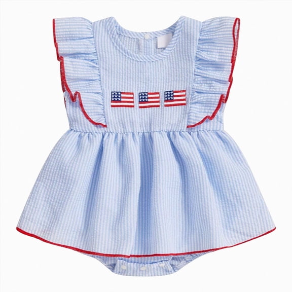 mgoYE Baby Girl 4th of July Outfits 3 6 12 18 Months Newborn USA Bubble Smocked Romper Tutu Dress Ruffled American Flag Memorial Day Outfit(Blue,3-6 Months)