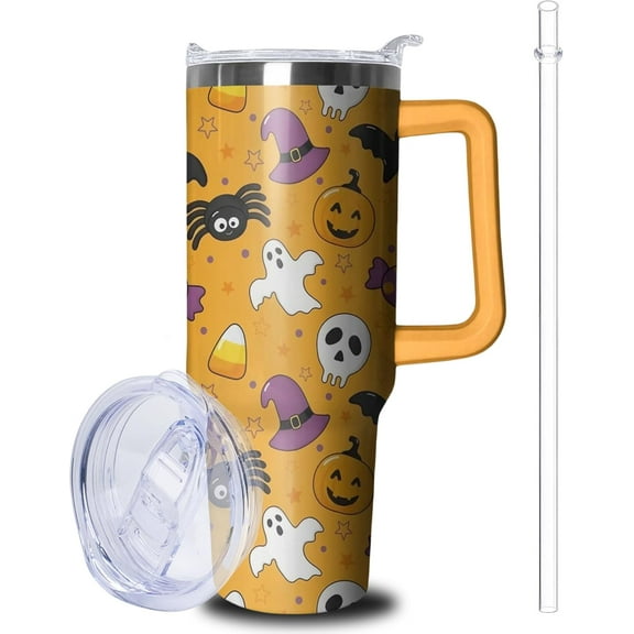 40oz Halloween Tumbler With Handle and Straw, Gifts for Women Men, Cute Ghost Cartoon Pumpkin Skull Gothic Horror Coffee Mug Water Bottle, Spooky Stainless Steel Insulated Cup