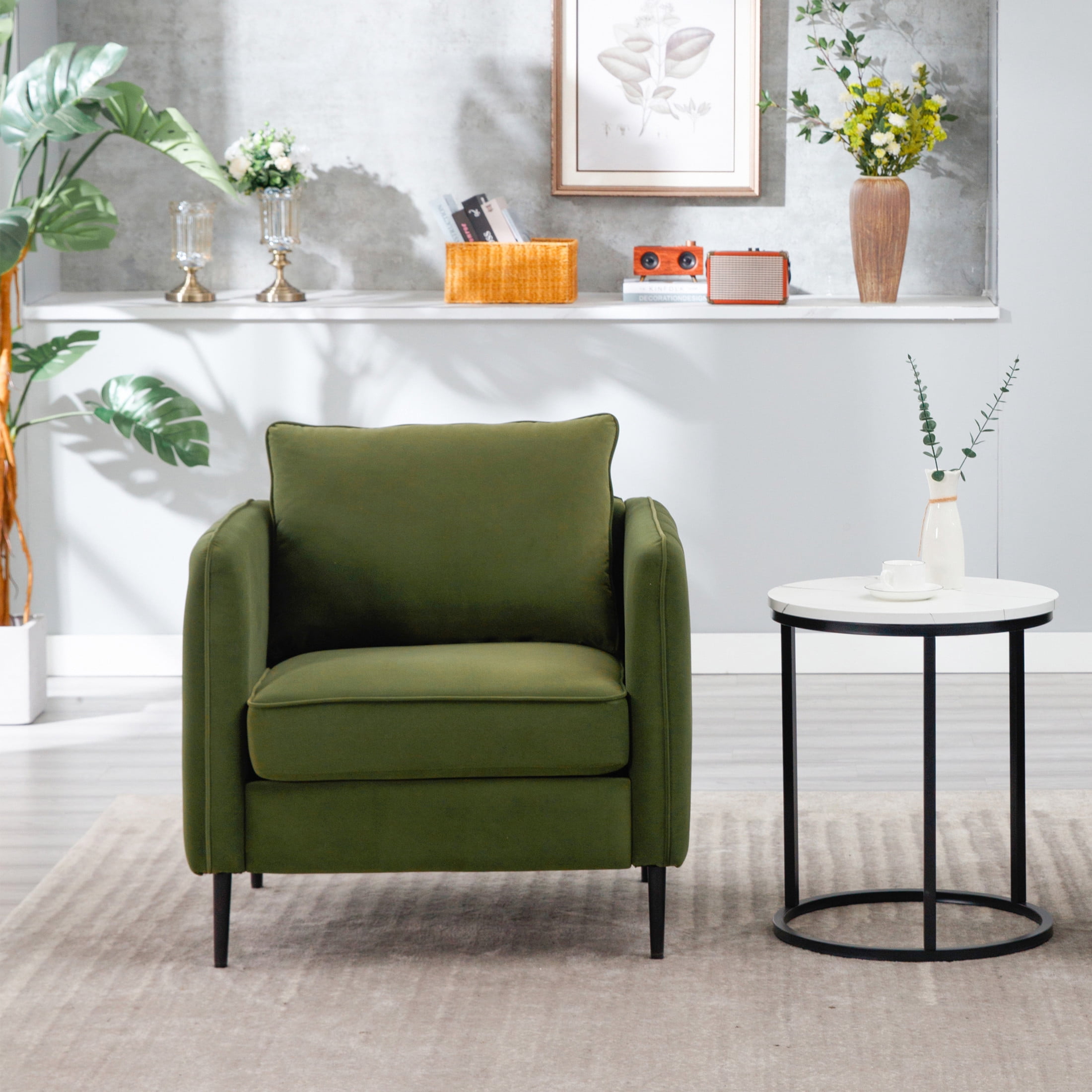 Noble House Mid-Century Modern Velvet Upholstered Accent Chair with Pillow, Metal Legs, Green