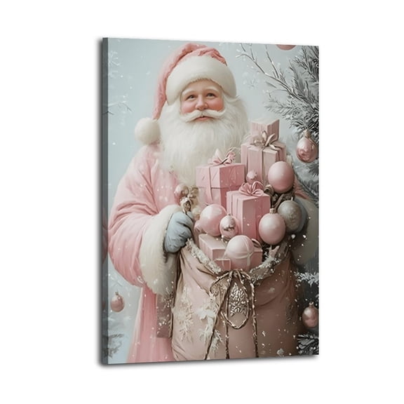 Framed Pink Santa Claus Canvas Art Print Christmas Wall Decor for Living Room Bedroom Holiday Home Decoration,Ready to Hang Christmas Art