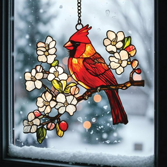 Red Cardinal Acrylic Suncatcher, Faux Stained Glass Window Hanging, Perfect Bird Lover and Memorial Gift for Christmas