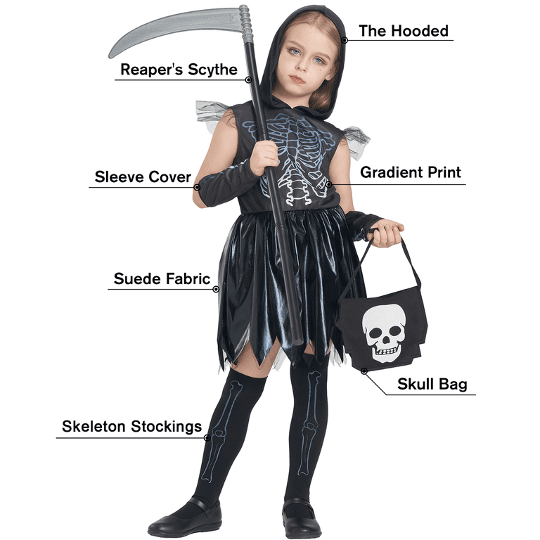 ReliBeauty Kids Skeleton Costume - Grim Reaper Halloween Outfit For Boys & Girls