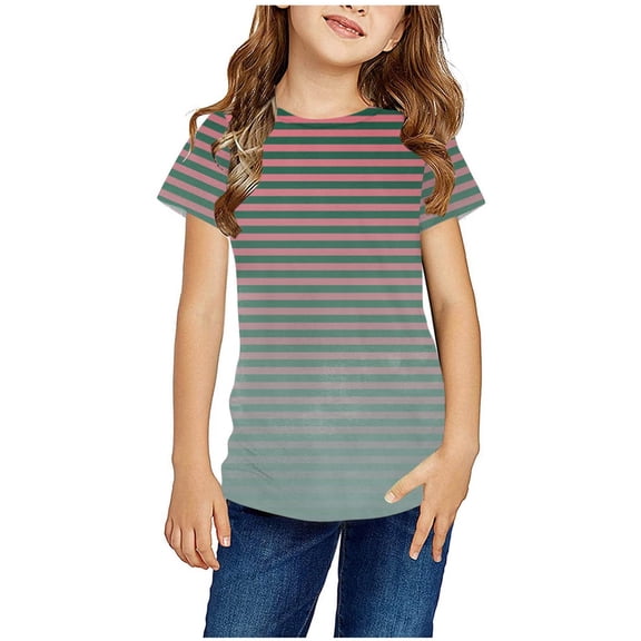 Maean Kids Girls Striped Shirts Short Sleeve Round Neck Summer Loose Casual Tshirts Girl Gradient Tee