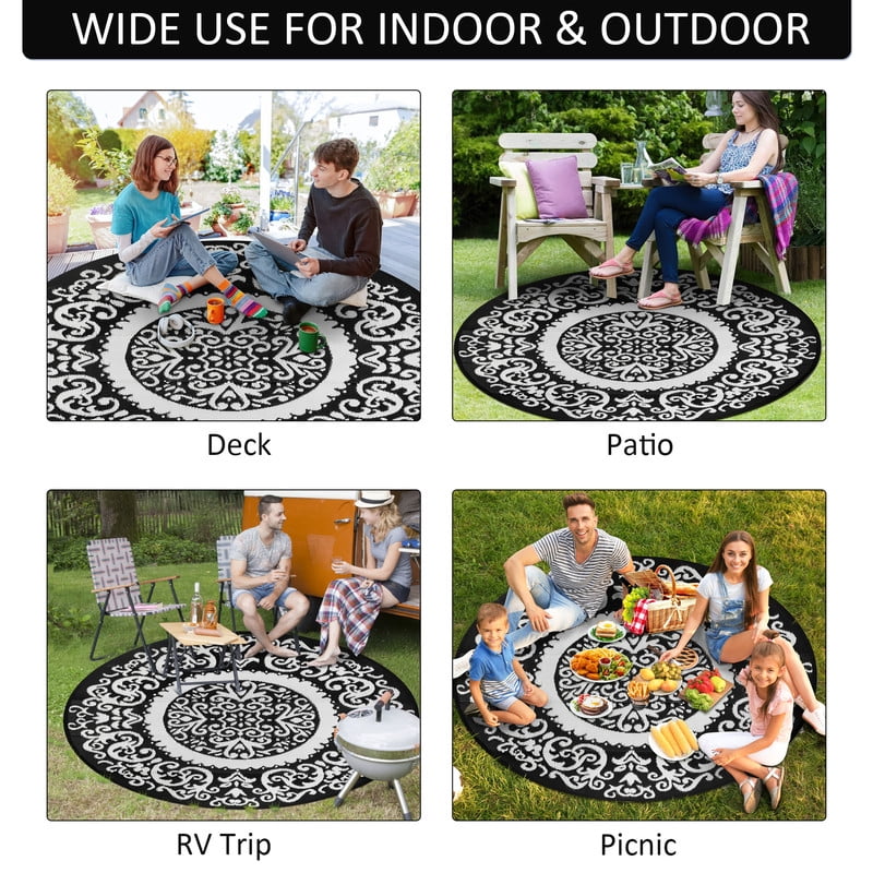 Aonewoe Round Outdoor Rugs 6Ft Waterproof Patio Plastic Straw Rug Reversible Camping Carpet Indoor Outdoor Area Rug for Patio,Deck,Balcony,Picnic,Beach,Outside