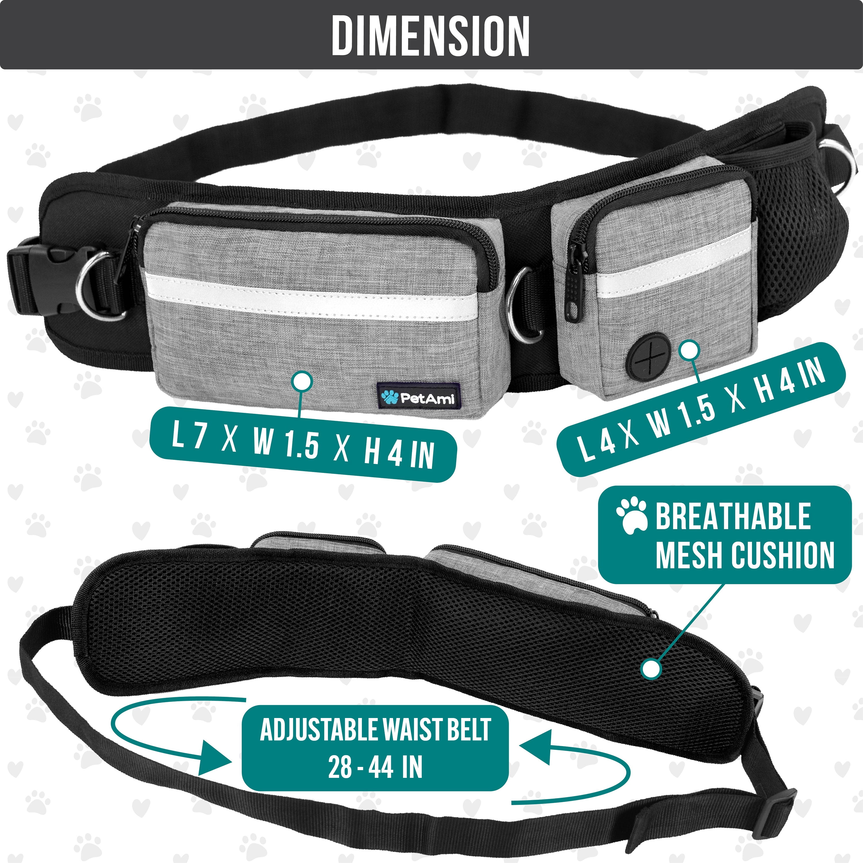 PetAmi Hands Free Dog Leash, Dog Running Leash Belt Bag for Walking, Jogging, Dog Waist Double Zipper Pouch with Poop Bag Dispenser, Dual Padded Handles Reflective Bungee Leash, Single (Heather Grey)