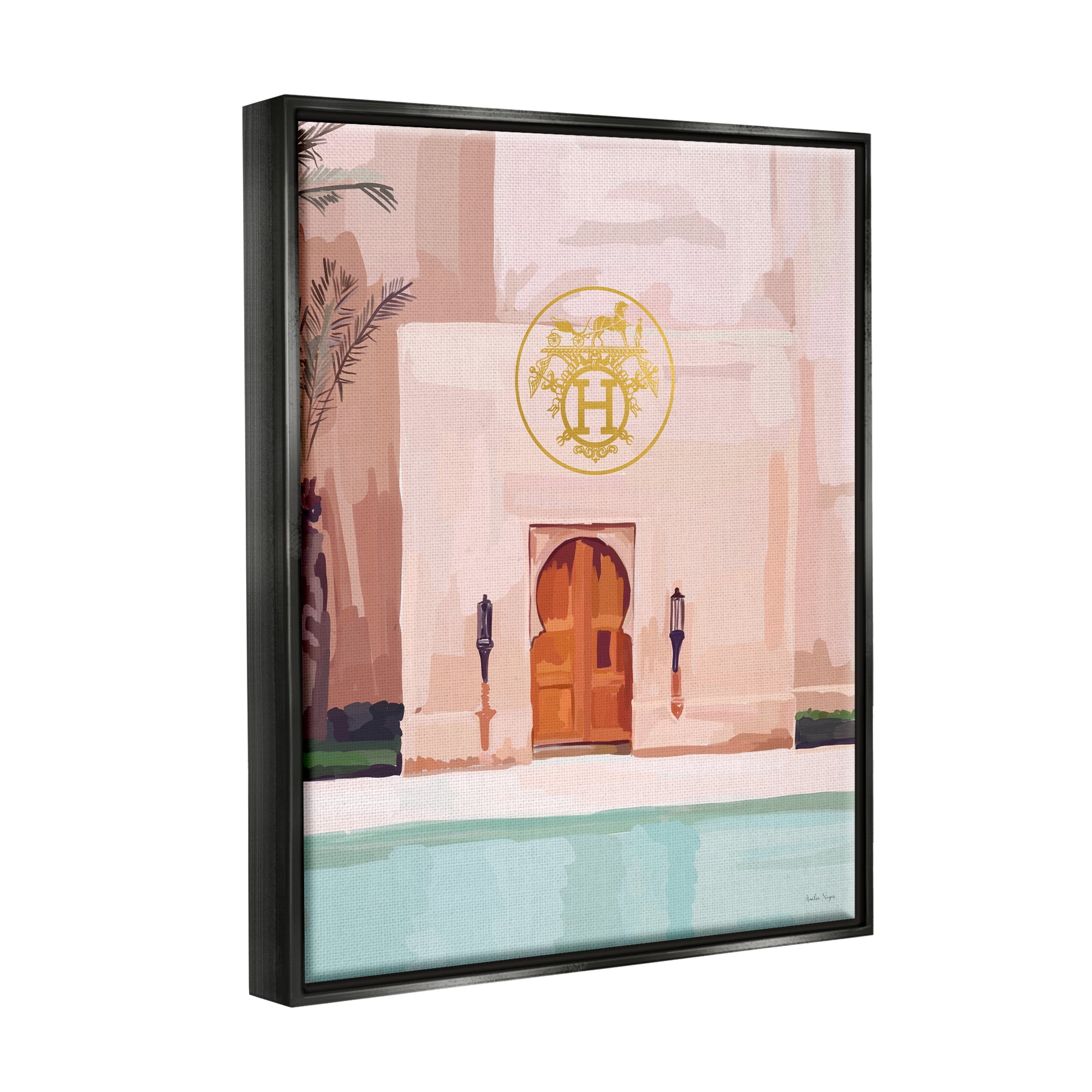 Stupell Industries Glam Poolside Villa Scene Abstract Painting Black Floater Framed Canvas Art Print Wall Art, 25 x 31