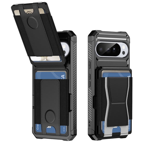 Case for Google Pixel 10 / 10 Pro with Elastic Band Grip & Flip Back Card Holder, Multi-Angle Kickstand Hybrid Protective Cover, Shockproof Drop Protection Slim Phone Case, Black