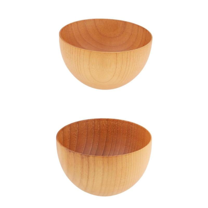 2PCS Solid Wood Round Rice Bowl Fruit Cereal Bowl Holder Kitchen Tableware 
