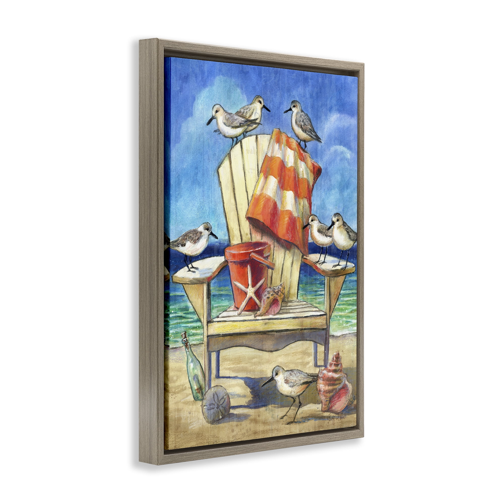Stupell Industries Summer Beach Chair Seagulls Nautical & Beach Painting Brown Floater Framed Canvas Art Print Wall Art, 17 x 25