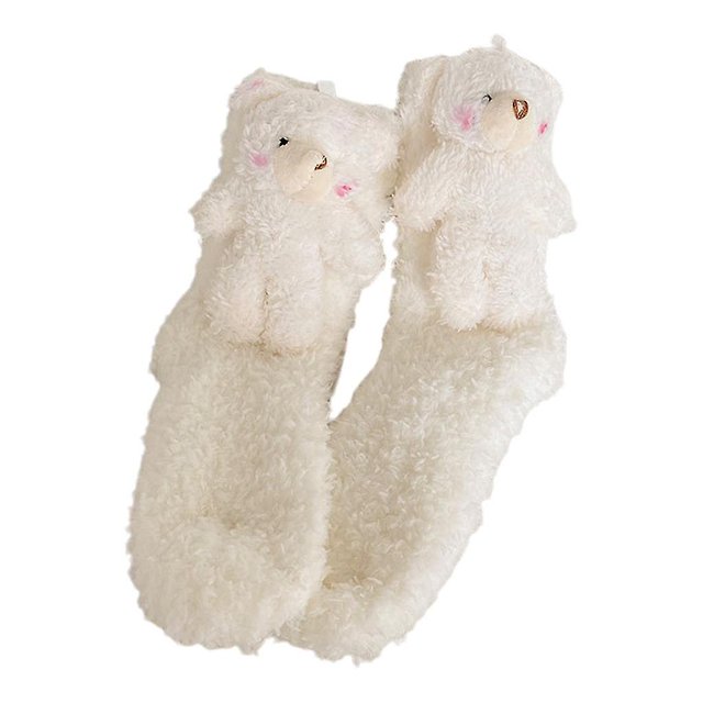 Calcetines de invierno para mujer, pantuflas a rayas de terciopelo Coral, bonito oso de peluche de dibujos animados en 3d para muñeca, medias térmicas para dormir en casa