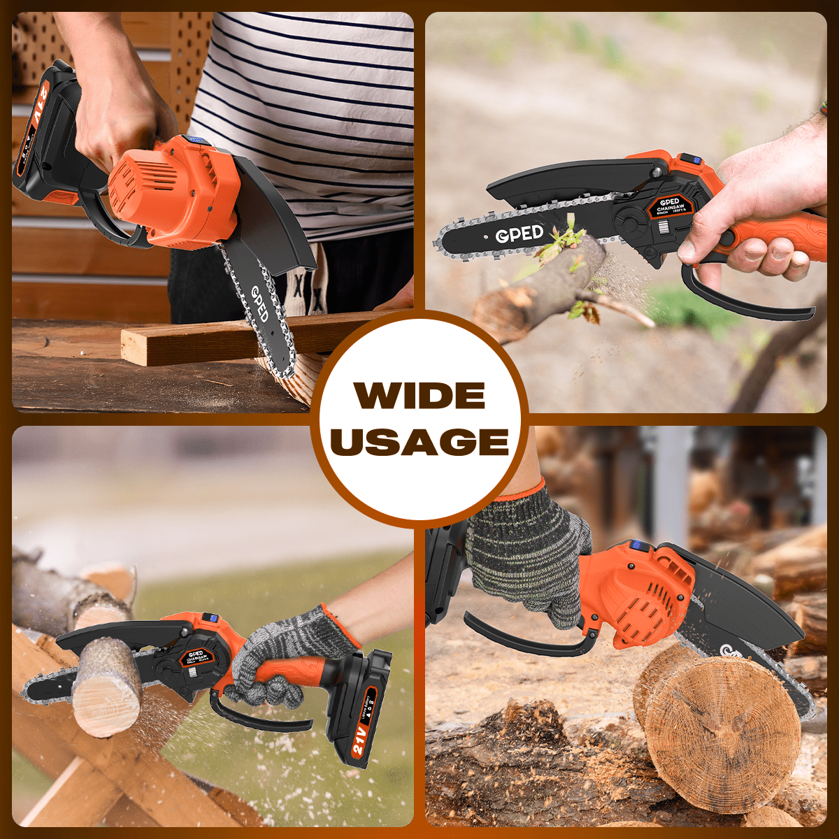 GPED Mini Chainsaw, 6 inch Portable Electric Chainsaw Cordless, Handheld Chain Saw Pruning Shears Chainsaw for Tree Branches, Courtyard, Household and Garden, Orange