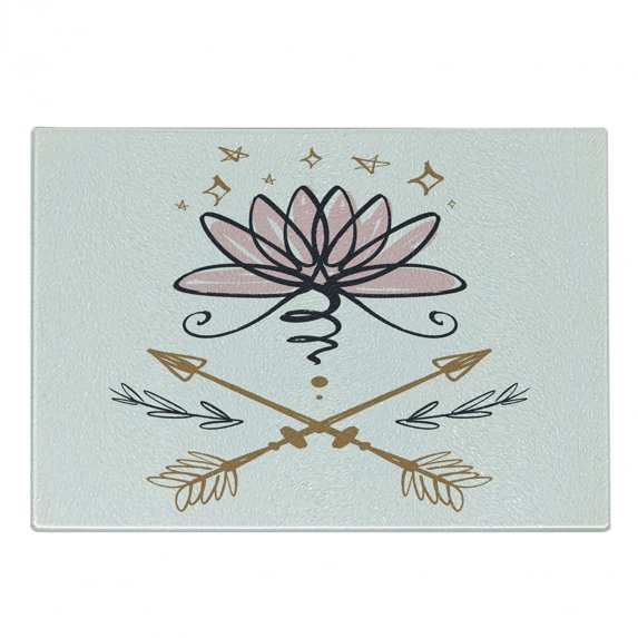 Bohemian Cutting Board, Sketchy Drawn Image of Lotus Flower with Arrows Harmony Art, Decorative Tempered Glass Cutting and Serving Board, in 3 Sizes, by Ambesonne