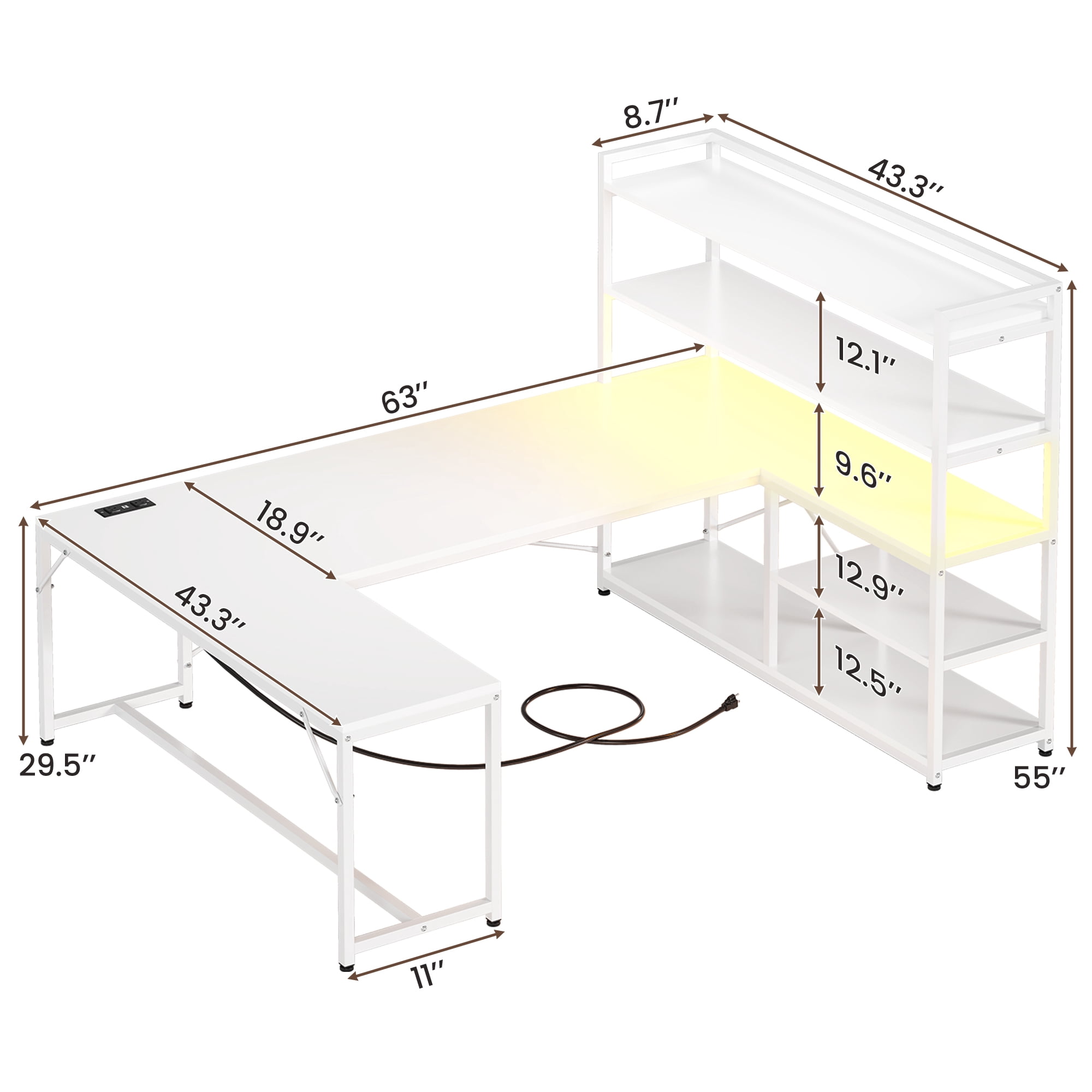 63 Inch U-Shaped Desk with Power Outlet & LED Lights, Reversible Gaming Desk with 5-Tier Storage Shelves, Computer Desk with Spacious Desktop, Corner Desk for Home Office, White