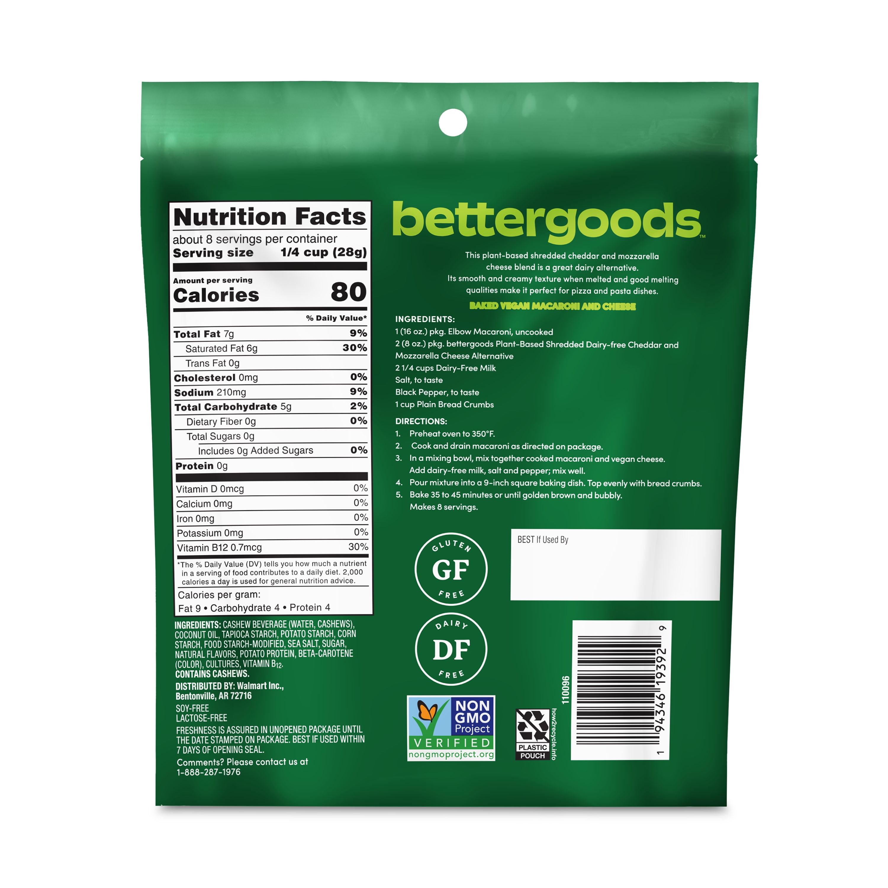 bettergoods Plant-Based Cheddar and Mozzarella Shredded Dairy-Free Cashew Cheese Alternative, 8 oz