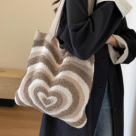 Feltree Heart Arrange Dough Twists Knitted Tote Bag Women Knitting Wool Handbag Purse Winter Warm Shoulder Bags