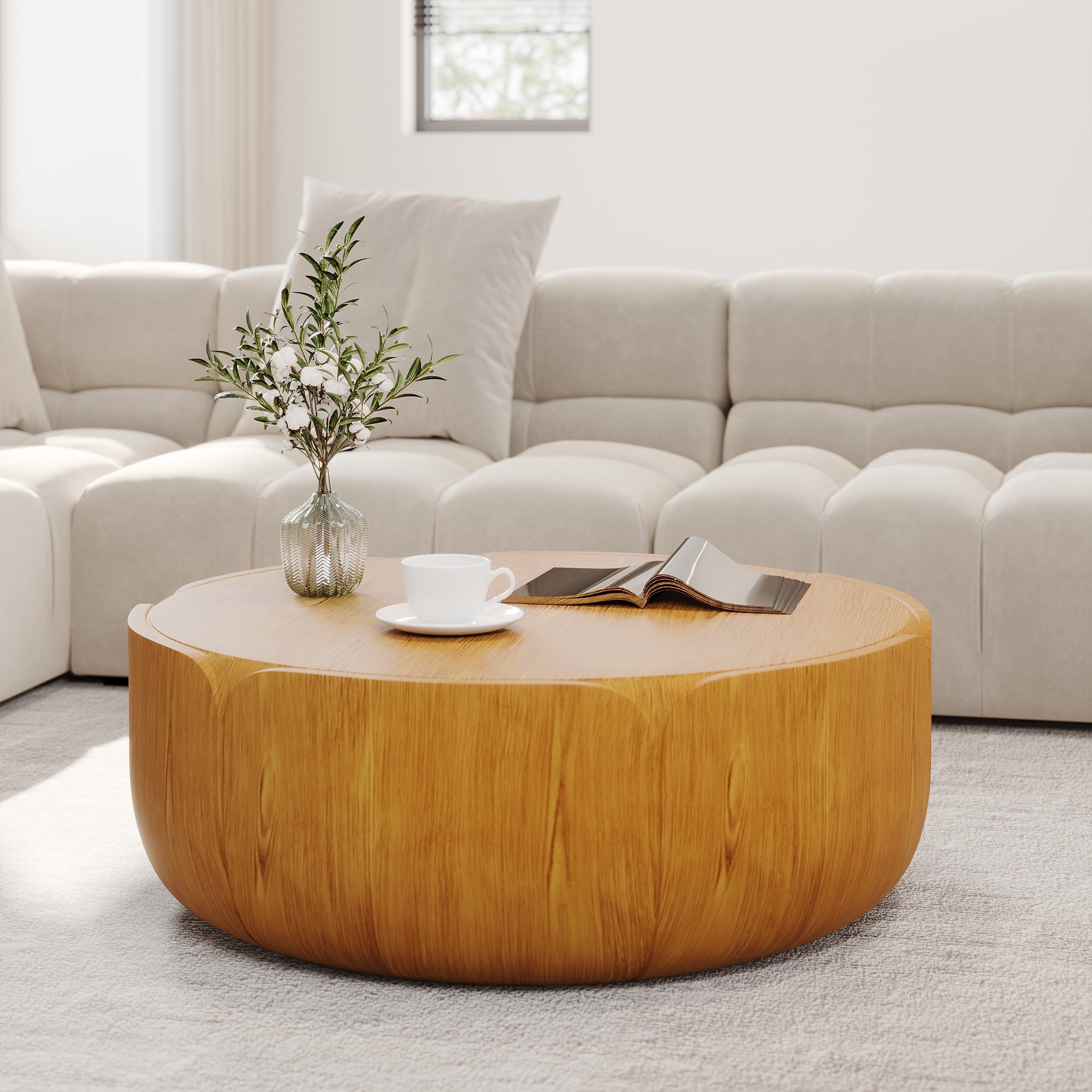 Round Outdoor Center Coffee Table, Drum Shaped Wood Grain Leisure Table for Patio Living Space, Natural