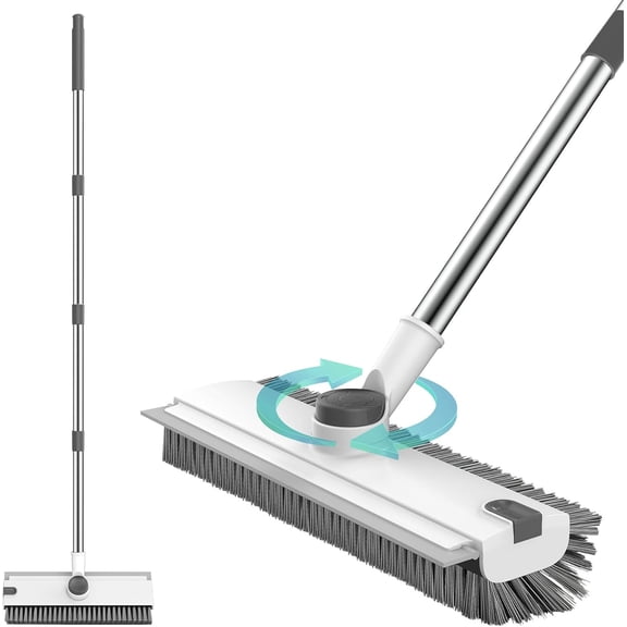 Floor Scrub Brush with 54in Adjustable Long Handle, Grey&White | 3 in 1 Floor Scrub Brush with Scraper and Stiff Bristle, Heavy Duty Floor Scrubber for Shower Bathroom Kitchen Patio Garage