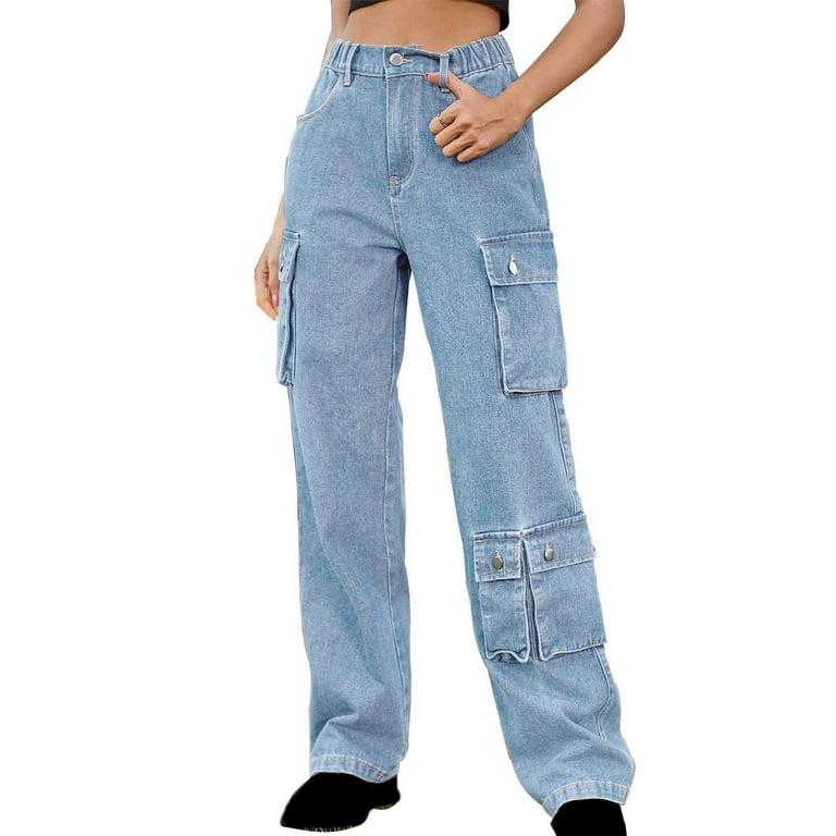 Lolmot Women's High Waisted Baggy Cargo Jeans Side Flap Lolmot Women's High Waisted Baggy Cargo Jeans Side Flap