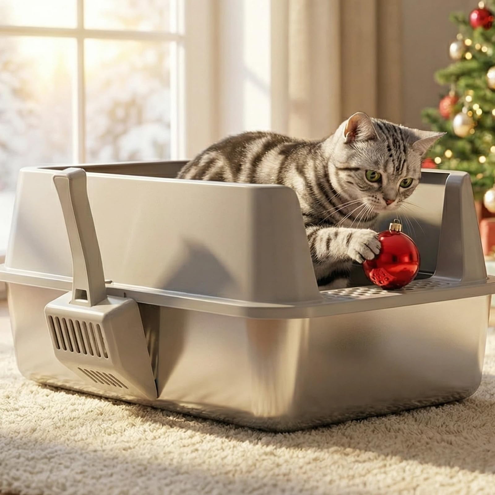 Nyutu Stainless Steel Litter Box with Lid 2 Pack,  Large to XL Metal Cat Litter Box with Scoop and Mat, High Sided Litter Boxes for Big/Multi Cats, Anti-Urine Leakage, Easy Clean and No Smell