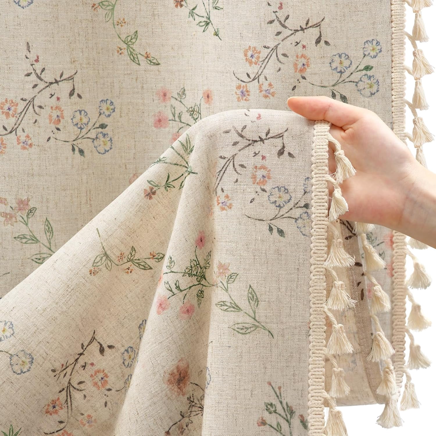 Boho Floral Semi Sheer Curtains 63 Inch Length 1 Panel, Linen Texture Farmhouse Light Filtering Curtains Beige Tassel for Bedroom Living Room Vintage Rustic Patterned Printed Western Rod Pocket
