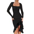 thumbnail image 5 of bbyeadc Womens Cocktail Dresses Square Neck Long Sleeve Ruffle Hem Ruched Bodycon Dress Club Going Out Sexy Evening Dress (Black, L), 5 of 7